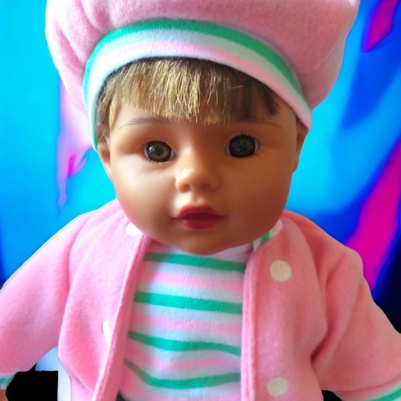 Excite USA Baby Doll Girl W Pink Coat Hat Denim Skirt 16" Soft Body Plastic Face - Picture 6 of 9